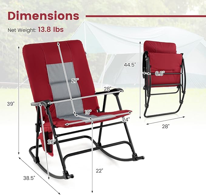 Goplus Oversized Folding Rocking Chair, Padded Patio Lounge Rocker w/Metal Frame, Armrests, Side Pocket, Lightweight Portable Rocking Chair for Backyard Camping Travel, Supports up to 500 lbs(2,Red)