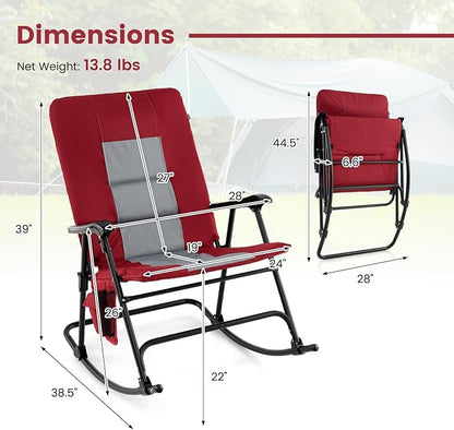 Goplus Oversized Folding Rocking Chair, Padded Patio Lounge Rocker w/Metal Frame, Armrests, Side Pocket, Lightweight Portable Rocking Chair for Backyard Camping Travel, Supports up to 500 lbs(2,Red)