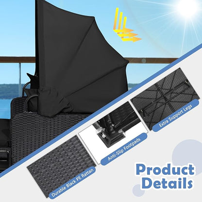 Tangkula Patio Rattan Daybed with Retractable Canopy, Outdoor Wicker Sunbed Lounger with 2 Foldable Side Tables, Thick Seat & Back Cushions, Outside Double Daybed for Garden, Backyard, Porch (Black)