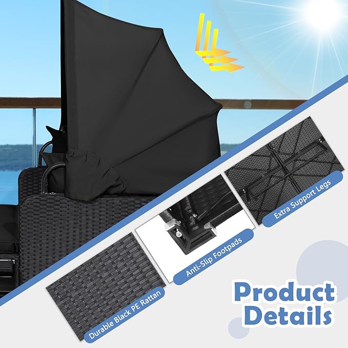 Moccha Outdoor Daybed with Retractable Canopy, Wicker Cabana with 2 Side Tables & Soft Cushions - Photo 6