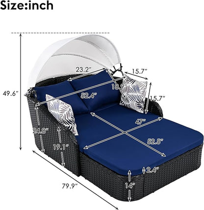 LUMISOL Outdoor Daybed with Retractable Canopy, PE Rattan Sunbed with Cushions, Double Lounge for Patio, Garden, Poolside, Black Wicker and Blue Cushion