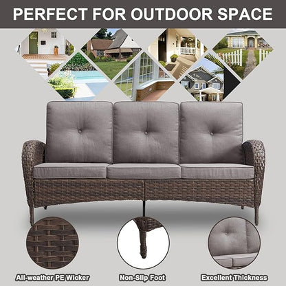 Belord Outdoor Patio Furniture - Wicker Sofa with Removable Cushion, 3 Seater Rattan Couch with Deep Seat, High Backrest, All-Weather for Balcony, Deck, Backyard, Brown/Grey