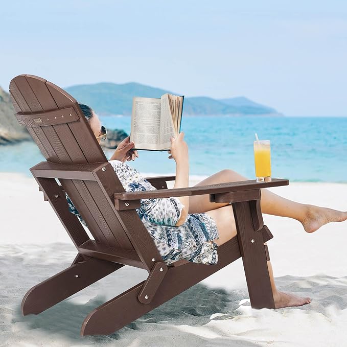 Folding Adirondack Chairs Set of 2, All Weather Resistant Plastic Chair with Cup Holder, Fold or Unfold Easily in 1 Second, Outdoor Chairs for Patio, Garden, Backyard Deck, Lawn Fire Pit(Brown)