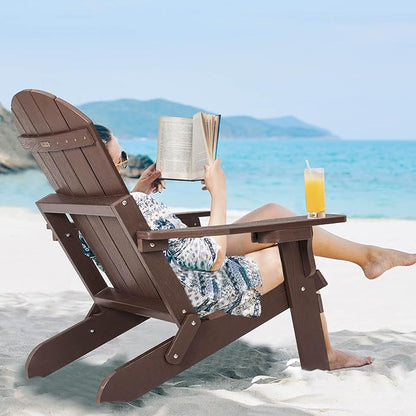 Folding Adirondack Chairs Set of 2, All Weather Resistant Plastic Chair with Cup Holder, Fold or Unfold Easily in 1 Second, Outdoor Chairs for Patio, Garden, Backyard Deck, Lawn Fire Pit(Brown)