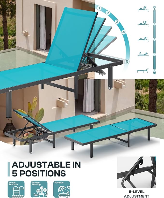 Lounge Chair Outdoor with Wheels, Aluminum Patio Chaise Lounge Chair with 5 Adjustable Backrest - Easy to Move- Pool Lounge Chairs for Deck, Beach, Poolside (Lakeblue)