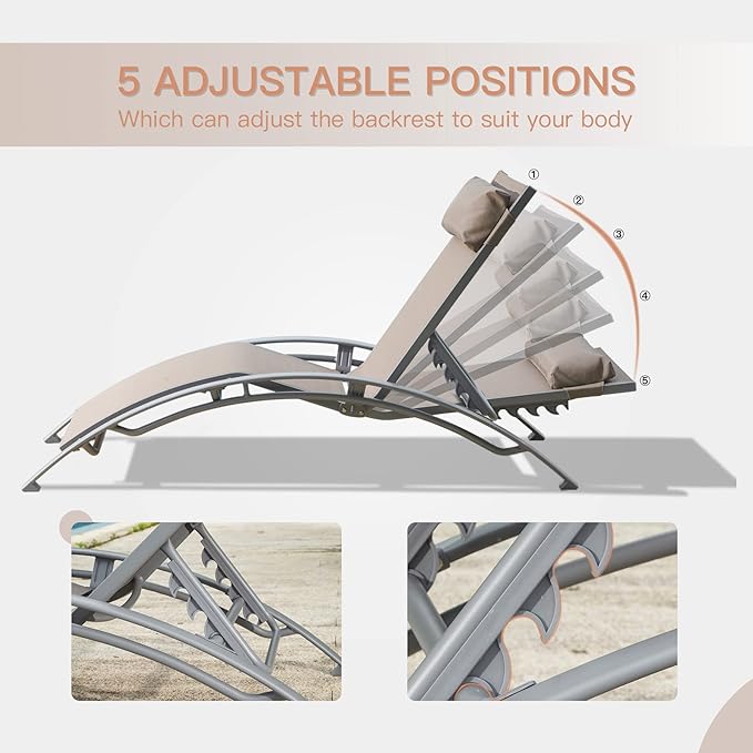 Domi Pool Lounge Chair Set of 3, Outdoor Chaise Lounge with Side Table, Adjustable Garden Aluminum Reclining Chair for Pool Beach Sunbathing Chair (Khaki)
