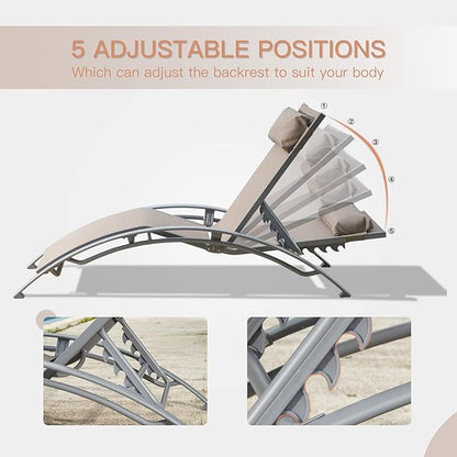 Domi Pool Lounge Chair Set of 3, Outdoor Chaise Lounge with Side Table, Adjustable Garden Aluminum Reclining Chair for Pool Beach Sunbathing Chair (Khaki)
