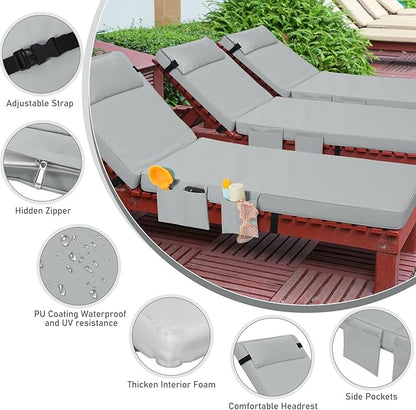 Tondiamo 2 Set Outdoor Chaise Lounge Cushions with Pillows and Storage, 72 x 21 x 3 Inch Outdoor Lounge Chair Seat Pads Outside Waterproof Chaise Cushion for Lawn Patio Furniture(Light Gray)