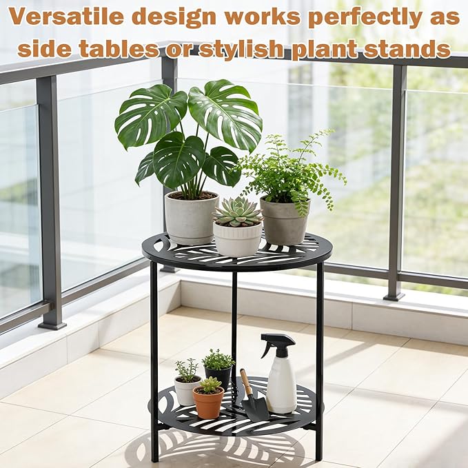 17.7" Two-tiered Metal Round Side Tables Extra-large Black Outside End Table for Patio Round Accent Garden Corner Stand - Photo 7
