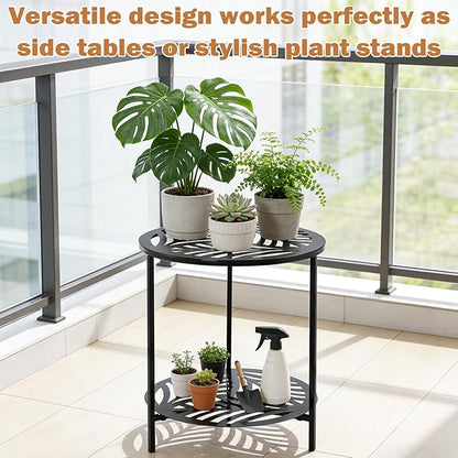 17.7" Two-tiered Metal Round Side Tables Extra-large Black Outside End Table for Patio Round Accent Garden Corner Stand for Small Spaces Weather-resistant Coffee Table for Balcony Porch Plant Stand