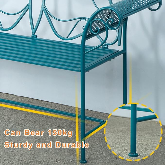 Small Outdoor Bench for Porch Metal Garden Benches with Butterflies Pattern Backrest and Armrests for Garden, Porch, Yard (White, Black, Blue) (Color : Blue)