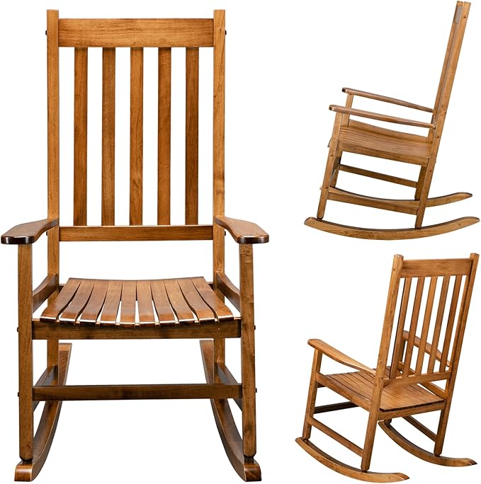 Wooden Rocking Chair for Outdoor Use, Traditional Style Porch Rocker with Smooth Gliding Motion, Weather Resistant Natural Wood Finish Outdoor Furniture, 24.4" W x 33.9" D x 46.1" H