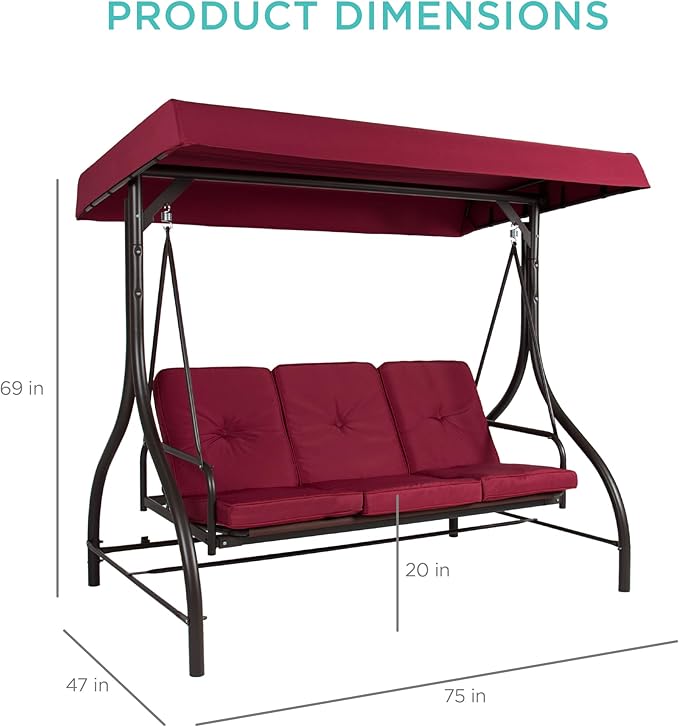 Best Choice Products 3-Seat Outdoor Large Converting Canopy Swing Glider, Patio Hammock Lounge Chair for Porch - Photo 7