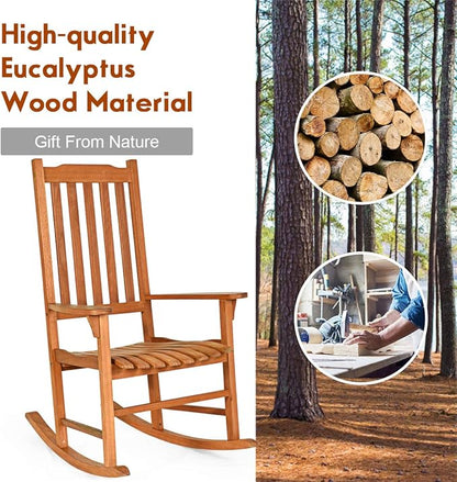 Giantex Porch Rocking Chair Outdoor and Indoor Use, Solid Eucalyptus Wood Rocker with Natural Finish, Front Porch Chairs for Patio Deck Garden, Wooden Rocking Adirondack Chair Set