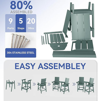 FOOWIN Tall Adirondack Chairs Set of 2,HDPE Adirondack Bar Stools with Connecting Tray & Cup Holders,Weather Resistant Balcony Chair for Outdoor Deck Lawn Pool Backyard Green