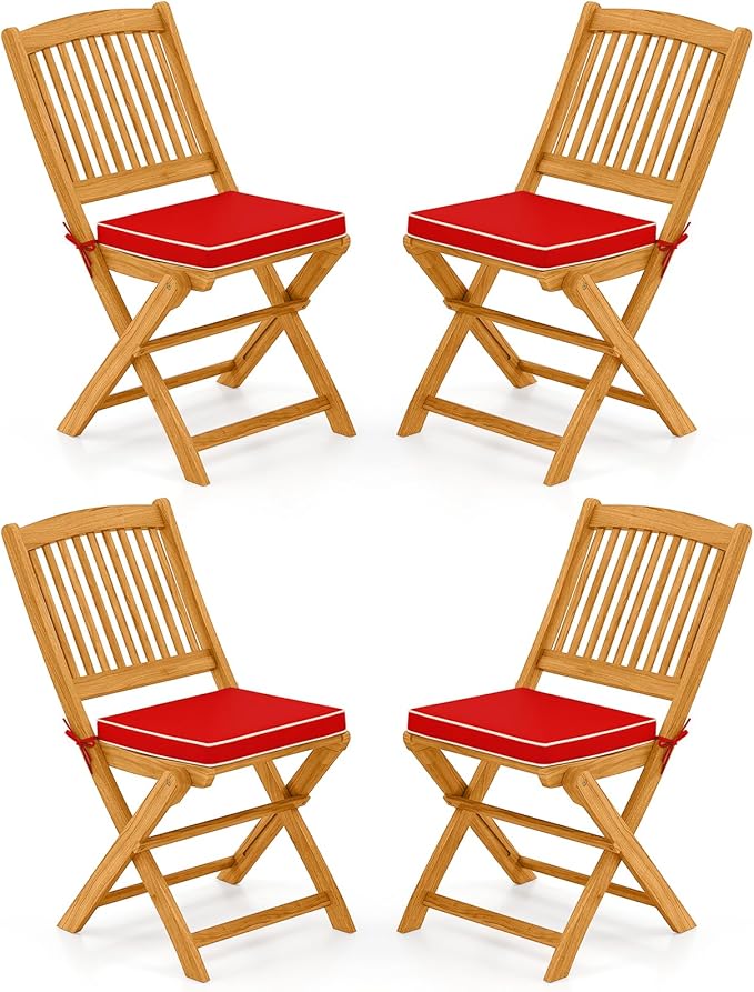 Tangkula 4 Pieces Folding Outdoor Dining Chairs, Acacia Wood Patio Chairs with Soft Cushions, Slatted Backrests and Seats, Outdoor Chairs for Porch, Balcony, Deck and Yard (4, Red, One-Size)