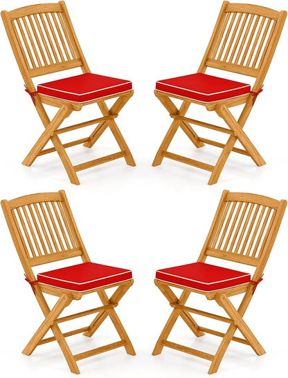 Tangkula 4 Pieces Folding Outdoor Dining Chairs, Acacia Wood Patio Chairs with Soft Cushions, Slatted Backrests and Seats, Outdoor Chairs for Porch, Balcony, Deck and Yard (4, Red, One-Size)