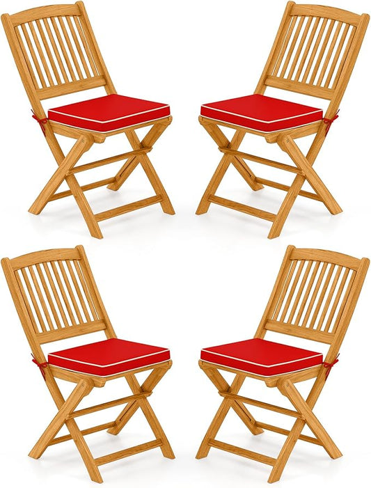Tangkula 4 Pieces Folding Outdoor Dining Chairs, Acacia Wood Patio Chairs with Soft Cushions, Slatted Backrests and Seats, Outdoor Chairs for Porch, Balcony, Deck and Yard (4, Red, One-Size)