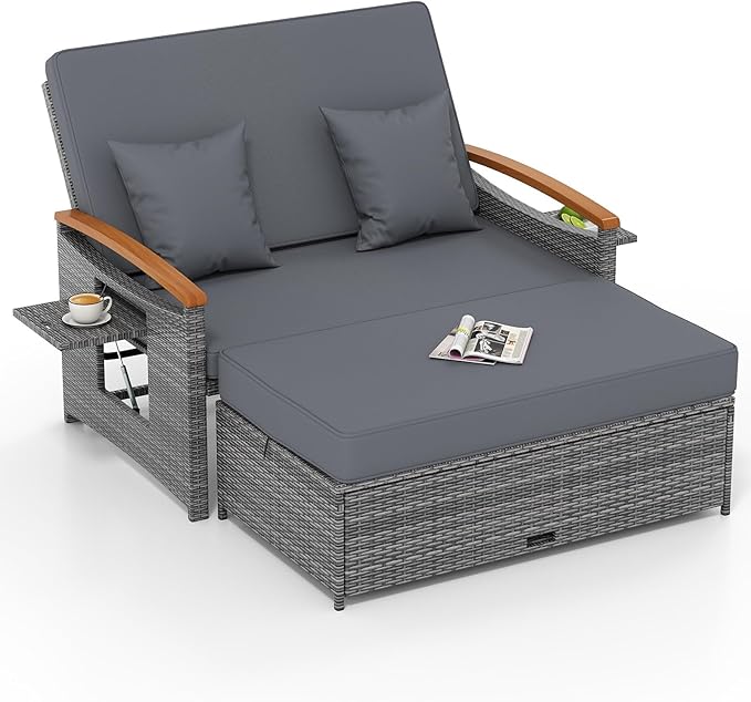 Tangkula Patio Rattan Daybed with 4-Level Adjustable Backrest, Outdoor Wicker Loveseat with Acacia Wood Armrest - Photo 1
