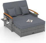 Tangkula Patio Rattan Daybed with 4-Level Adjustable Backrest, Outdoor Wicker Loveseat with Acacia Wood Armrest - Photo 1