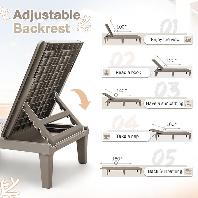 Homall Outdoor Lounge Chairs Set of 2, Quick Assembly & Waterproof Patio Chaise Lounge with Adjustable Backrest for Poolside, Beach, Garden (Light Brown)