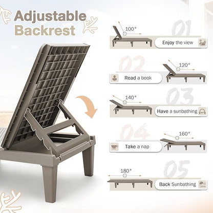 Homall Outdoor Lounge Chairs Set of 2, Quick Assembly & Waterproof Patio Chaise Lounge with Adjustable Backrest for Poolside, Beach, Garden (Light Brown)