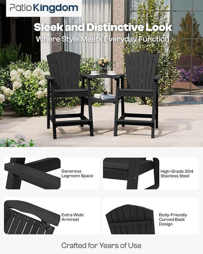 Black HDPE Tall Adirondack Chair Set of 2 with Beige 9FT Patio Umbrella, All-Weather Outdoor Bar Height Chairs with Trays & Umbrella Hole for Garden, Balcony, Lawn