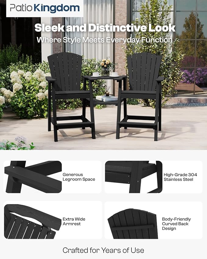 Black HDPE Tall Adirondack Chair Set of 2 with Beige 11FT Cantilever Umbrella, All-Weather Outdoor Bar Height Chairs with Trays & Umbrella Hole for Balcony