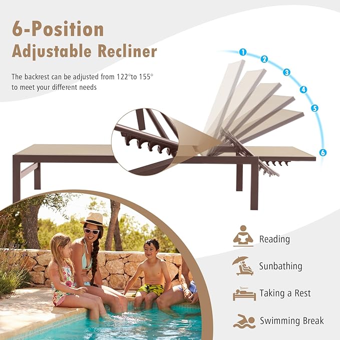 Giantex Patio Chaise Lounge Chair, Outdoor Sunbathing Chair Lawn Reclining Lounger with 6 Adjustable Position, Aluminium Frame, Outside Tanning Chairs for Deck,Yard, Pool Lounge Chairs (1, Brown)