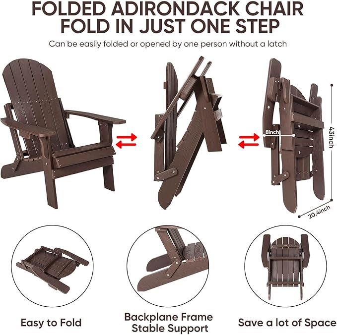 Folding Adirondack Chairs Set of 4, All Weather Resistant Plastic Chair with Cup Holder, Fold or Unfold Easily in 1 Second, Outdoor Chairs for Patio, Garden, Backyard Deck, Lawn Fire Pit(Brown)