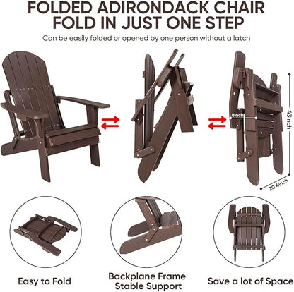 Folding Adirondack Chairs Set of 2, All Weather Resistant Plastic Chair with Cup Holder, Fold or Unfold Easily in 1 Second, Outdoor Chairs for Patio, Garden, Backyard Deck, Lawn Fire Pit(Brown)