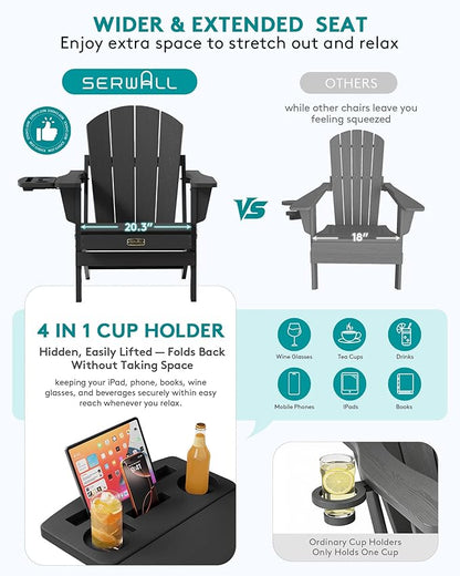 SERWALL Folding Adirondack Chair Set of 4, Outdoor Adirondack Chairs with 4 in 1 Cup Holder, Wood Texture Patio Chairs, Weather Resistant Fire Pit Chairs for Patio Deck Garden, Backyard Deck - Black