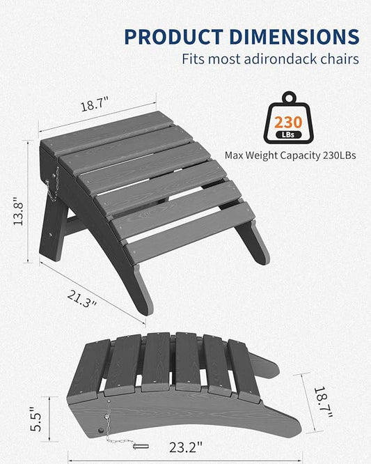GarveeLife Folding Adirondack Ottoman for Adirondack Chair, HDPE All-Weather Footrest for in/Outdoor Patio Deck Backyard, Grey