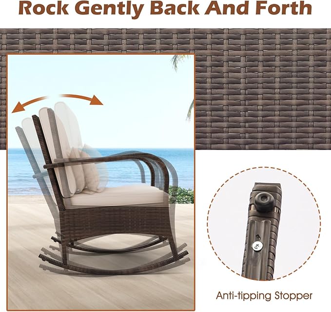 ORALNER 3 Pieces Patio Furniture Set, Outdoor Wicker Rocking Chairs with Cushions, Pillows, Glass Coffee Table - Photo 3