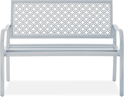 Best Choice Products Outdoor Bench 2-Person Metal Steel Benches Furniture for Garden, Patio, Porch, Entryway w/Geometric Backrest, 790lb Capacity - Light Gray