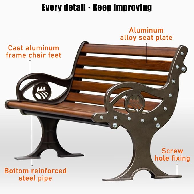 YVYKFZD Outdoor Garden Bench, Cast Aluminum Patio Park Bench, Loveseat Porch Benches with Backrest and Armrests, Weatherproof Leisure Chair Seat for 2-3 People, Easy Assembly(Antique Bronze,120cm/47.2