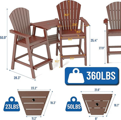 FOOWIN Tall Adirondack Chair Set of 2, All Weather HDPE Bar Height Adirondack Chair with Double Connecting Trays, Adirondack Barstools for Balcony, Deck, Backyard, Patio, Garden Brown