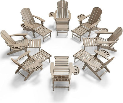 Adjustable Adirondack Chair with Retractable Ottoman Set of 8, HDPE Folding Adirondack Chair with Cup Holder, All Weather Fire Pit Chair for Outdoor.