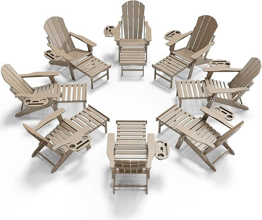 Adjustable Adirondack Chair with Retractable Ottoman Set of 8, HDPE Folding Adirondack Chair with Cup Holder, All Weather Fire Pit Chair for Outdoor.
