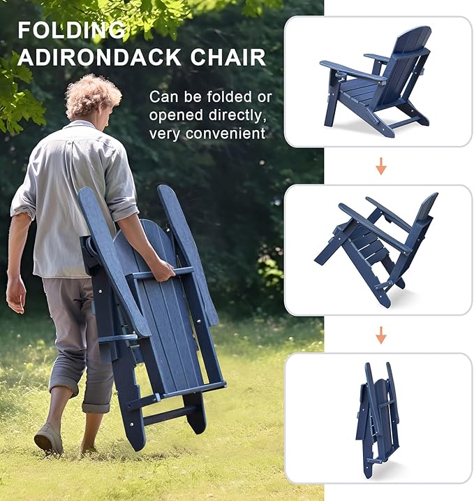 Skypatio 3 Pieces Folding Adirondack Chairs Set, Weather Resistant Adirondack Chairs Set of 2 with Cup Holder, 1 Side Table, 380 lbs Weight Capacity Portable Patio Fire Pit Chairs (Navy Blue)