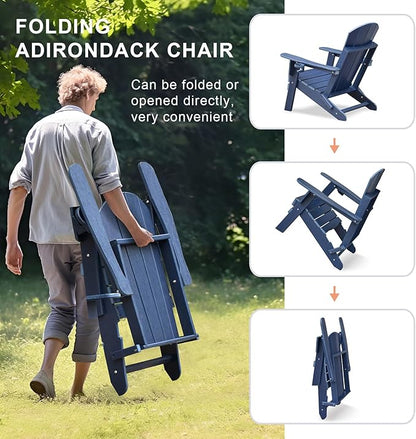 Skypatio 3 Pieces Folding Adirondack Chairs Set, Weather Resistant Adirondack Chairs Set of 2 with Cup Holder, 1 Side Table, 380 lbs Weight Capacity Portable Patio Fire Pit Chairs (Navy Blue)