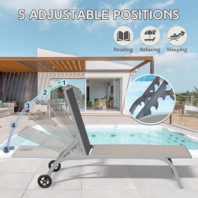 Domi Pool Lounge Chairs Set of 2, Adjustable Aluminum Outdoor Chaise Lounge with Wheels Patio Lounge Chairs, All Weather for Deck Lawn Poolside Backyard-Khaki Textilene