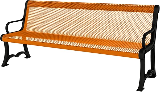 COATEDOUTDOORFURNITURE Coated Outdoor Furniture Heavy-Duty Outdoor Bench Thermoplastic Coated, Expanded Metal, Commercial-Grade Garden Bench, Made in America (Portable with Back, 4 Ft, Orange)