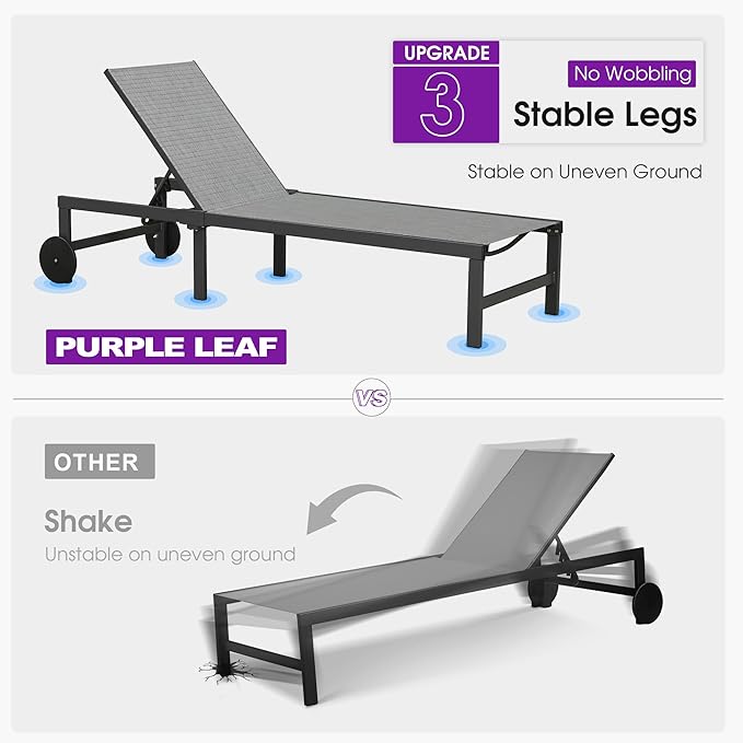PURPLE LEAF Outdoor Chaise Lounge Chairs Set Recliner Adjustable Chair with Wheels and Table for Poolside Beach Patio Aluminum Reclining Sunbathing Lounger, Mixed Grey