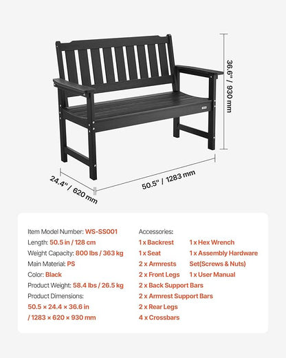 VEVOR Outdoor Bench, 50.5 inch, 800 lbs Weight Capacity for 2-3 Persons, Weatherproof Plastic Frame with Backrest and Wide Armrests, Outside Bench for Patio, Garden, Park, Yard, Front Porch, Black