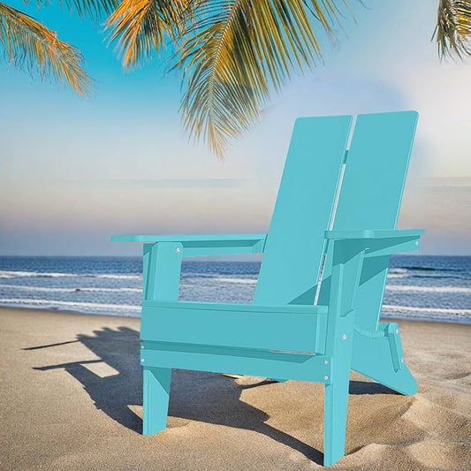 Modern Folding Adirondack Chair, All-Weather HIPS Plastic Outdoor Lounge with Cup Holder, Stackable Resin Patio Chair for Fire Pit, Garden, Deck & Backyard Seating (Teal Blue)