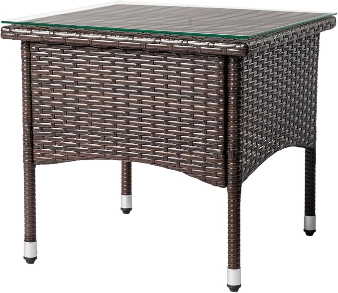 20 inch Patio Side Table, Outdoor Patio Wicker Square End Table with Adjustable Feet Pads and Double Storage Layer, All-Weather Rattan Coffee Tables Porch Furniture for Backyard Poolside Garden