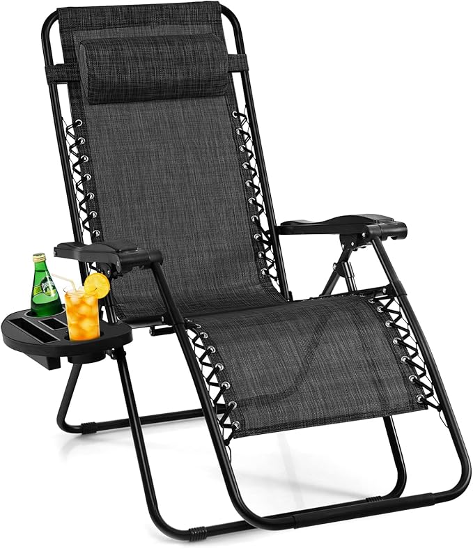 Giantex Zero Gravity Reclining Chair, Outdoor Patio Recliner with Cup Holder & Removable Pillow, Adjustable Backrest, Indoor Lounge Chair for Backyard, Garden, Poolside (Gray)
