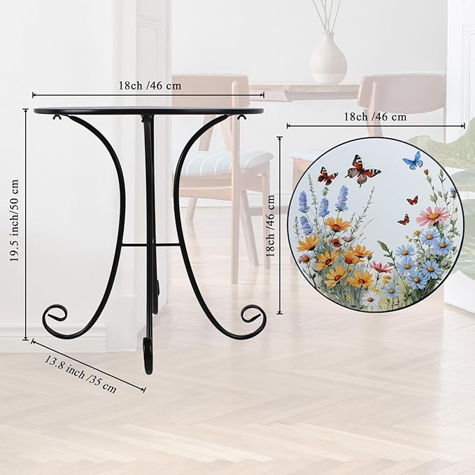 Outdoor Side Table, Flower & Butterfly Round Accent Table, Metal Indoor Small End Tables, 18" Plant Stand Tables for Patio Balcony Garden Bedside