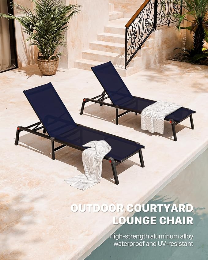Aluminum Chaise Foldable Patio Lounge Chair Outdoor, Deck Lounger Adjustable 5-Position Recliner Pool Chase Breathable Full Flat Outside Sun Tanning Chairs for Beach/Poolside/Lawn(Navy Blue, 2 Pack)
